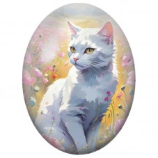 Cabochon en Verre Illustré Chat Blanc dans un Champ de Coquelicots Roses 13x18, 18x25 ou 30x40mm pour la Création de Bijoux Fant