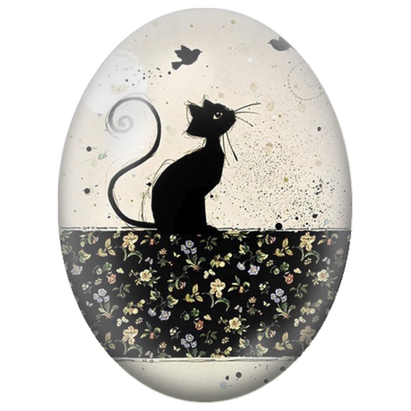Cabochon en Verre Illustré Chat Noir regarde les Oiseaux 13x18, 18x25 ou 30x40mm