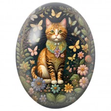 Cabochon en Verre Illustré Chat Roux au Collier de Feuilles parmi les Papillons 13x18, 18x25 ou 30x40mm pour la Création de Bijo