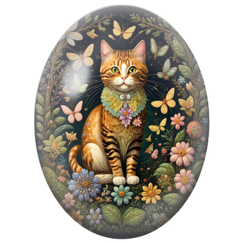 Cabochon en Verre Illustré Chat Roux au Collier de Feuilles parmi les Papillons 13x18, 18x25 ou 30x40mm