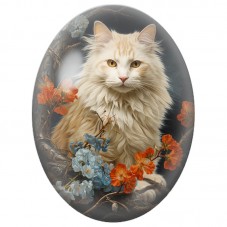 Cabochon en Verre Illustré Chat Blanc parmi les Fleurs Orange et Bleues 13x18, 18x25 ou 30x40mm pour la Création de Bijoux Fanta