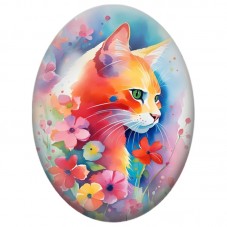 Cabochon en Verre Illustré Chat Roux parmi les Fleurs à l’Aquarelle 13x18, 18x25 ou 30x40mm pour la Création de Bijoux Fantaisie