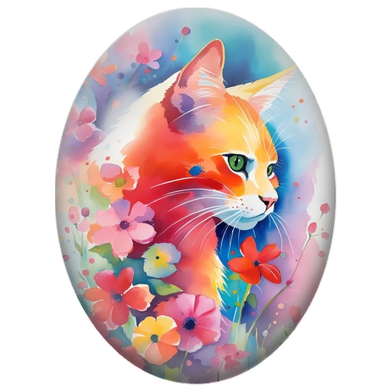Cabochon en Verre Illustré Chat Roux parmi les Fleurs à l’Aquarelle 13x18, 18x25 ou 30x40mm