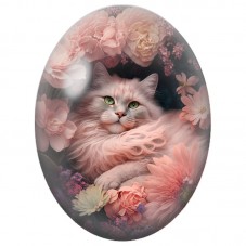 Cabochon en Verre Illustré Chat Blanc parmi les Fleurs Rose Poudré 13x18, 18x25 ou 30x40mm pour la Création de Bijoux Fantaisie 