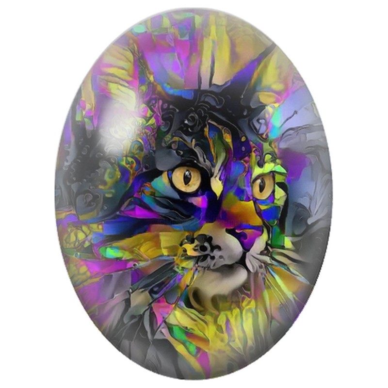 Cabochon en Verre Illustré Chat Abstrait aux Couleurs Néon 13x18, 18x25 ou 30x40mm