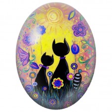 Cabochon en Verre Illustré Deux Chats dans un Jardin Naïf 13x18, 18x25 ou 30x40mm pour la Création de Bijoux Fantaisie - DIY