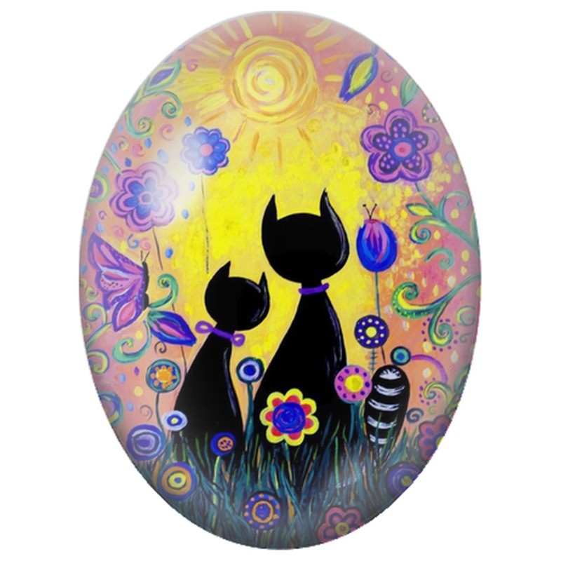 Cabochon en Verre Illustré Deux Chats dans un Jardin Naïf 13x18, 18x25 ou 30x40mm