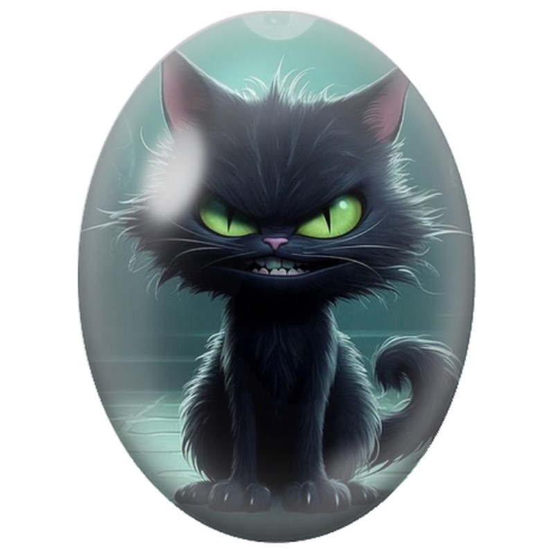 Cabochon en Verre Illustré Chat Noir au Sourire Malicieux 13x18, 18x25 ou 30x40mm