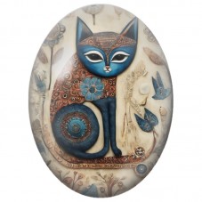 Cabochon en Verre Illustré Chat Bleu aux Oiseaux et Fleurs Sculptés 13x18, 18x25 ou 30x40mm pour la Création de Bijoux Fantaisie