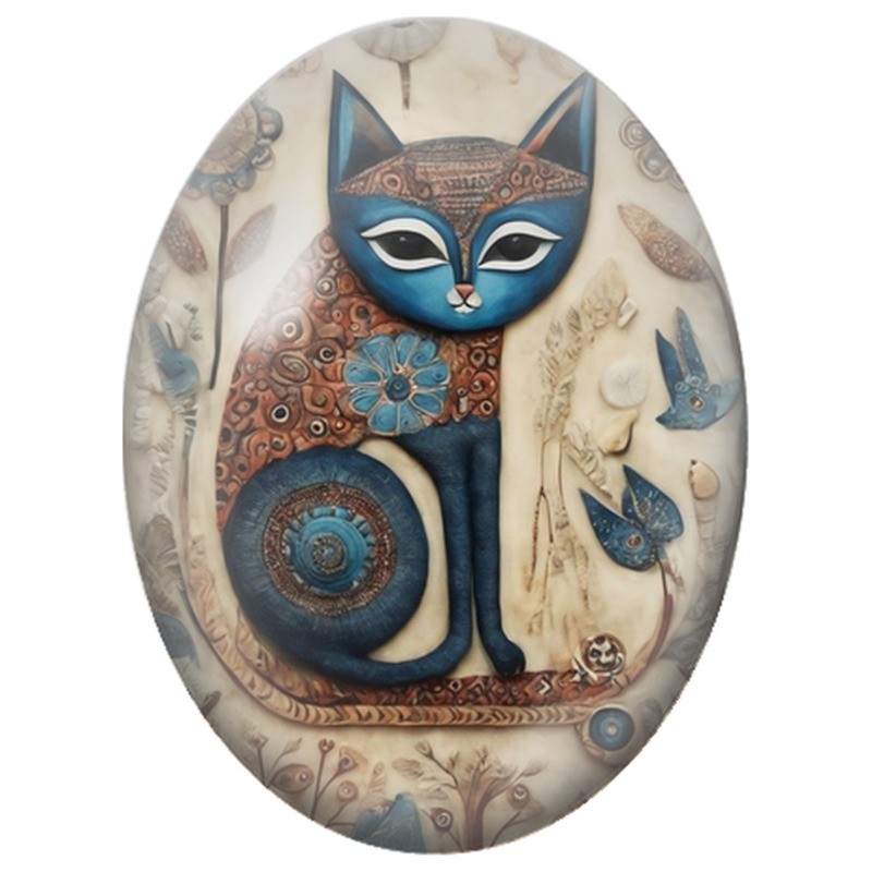 Cabochon en Verre Illustré Chat Bleu aux Oiseaux et Fleurs Sculptés 13x18, 18x25 ou 30x40mm