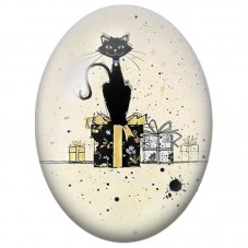 Cabochon en Verre Illustré Chat Noir sur un Cadeau Fleuri 13x18, 18x25 ou 30x40mm pour la Création de Bijoux Fantaisie - DIY
