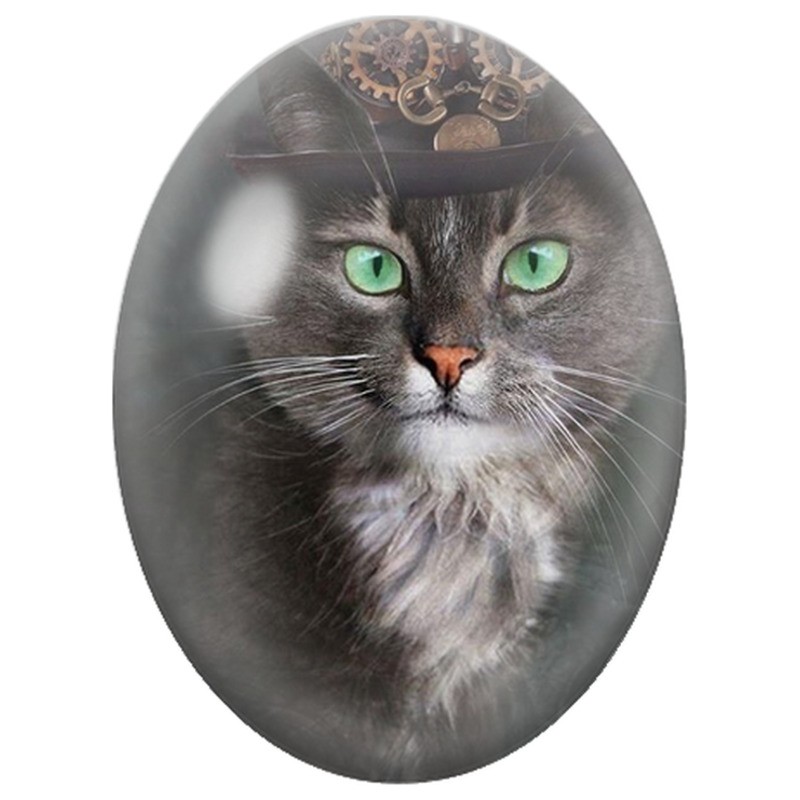 Cabochon en Verre Illustré Chat Steampunk au Chapeau de Rouages 13x18, 18x25 ou 30x40mm