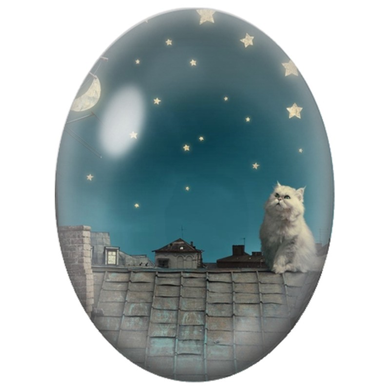 Cabochon en Verre Illustré Chat Blanc sur les Toits Étoilés 13x18, 18x25 ou 30x40mm
