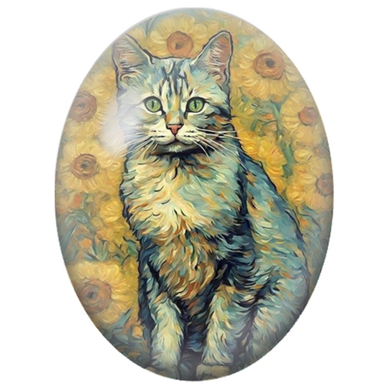 Cabochon en Verre Illustré Chat Tigré parmi les Tournesols 13x18, 18x25 ou 30x40mm