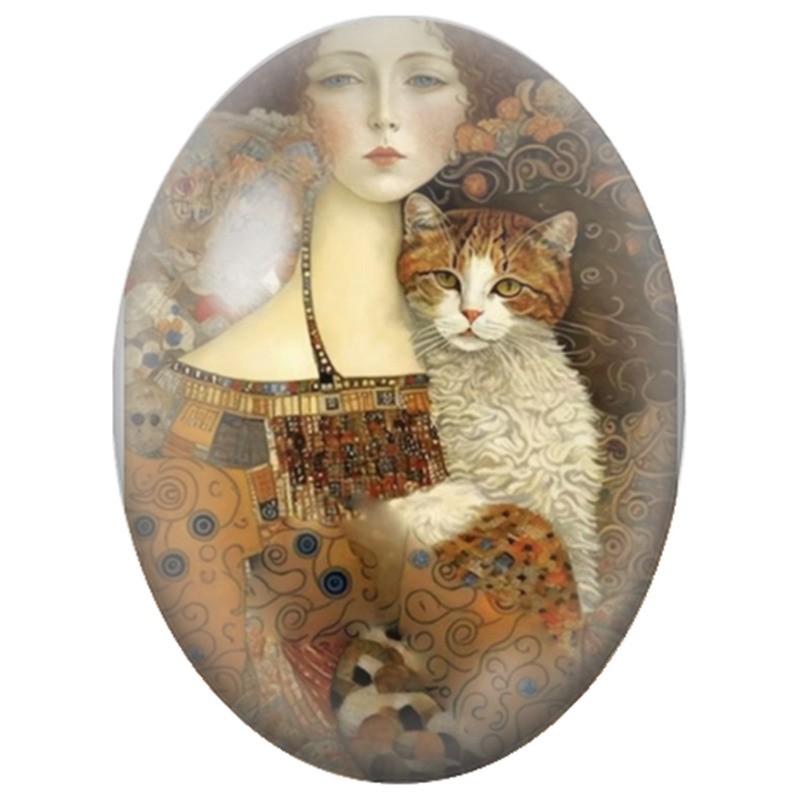 Cabochon en Verre Illustré Femme Art Nouveau avec son Chat Tigré 13x18, 18x25 ou 30x40mm