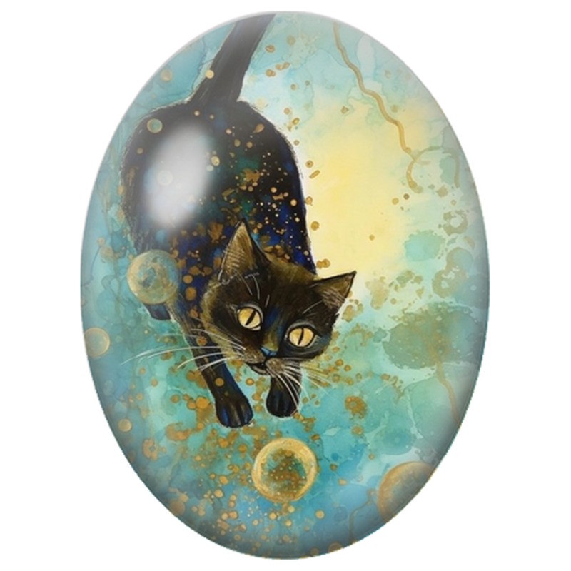 Cabochon en Verre Illustré Chat Noir dans une Aquarelle Turquoise 13x18, 18x25 ou 30x40mm