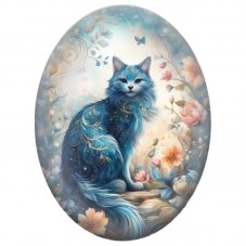 Cabochon en Verre Illustré Chat Bleu dans un Jardin Enchanté 13x18, 18x25 ou 30x40mm pour la Création de Bijoux Fantaisie - DIY