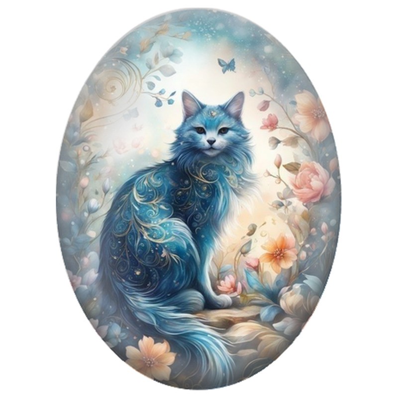 Cabochon en Verre Illustré Chat Bleu dans un Jardin Enchanté 13x18, 18x25 ou 30x40mm