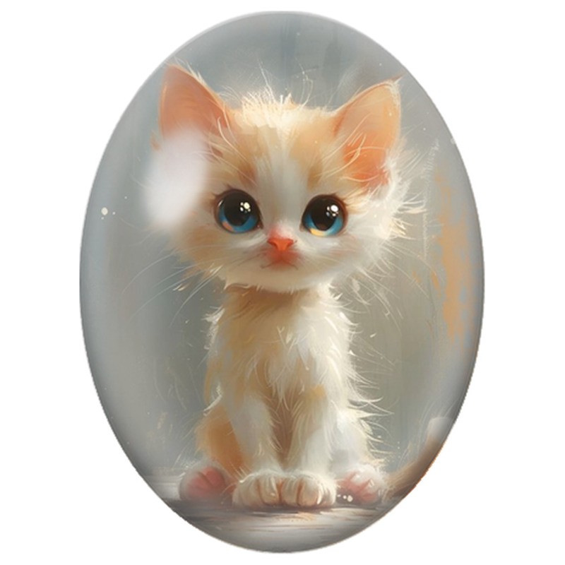 Cabochon en Verre Illustré Chaton Roux et Blanc aux Grands Yeux Bleus 13x18, 18x25 ou 30x40mm