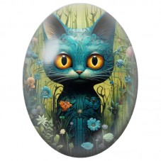 Cabochon en Verre Illustré Chat Turquoise aux Yeux d’Or dans un Jardin 13x18, 18x25 ou 30x40mm pour la Création de Bijoux Fantai