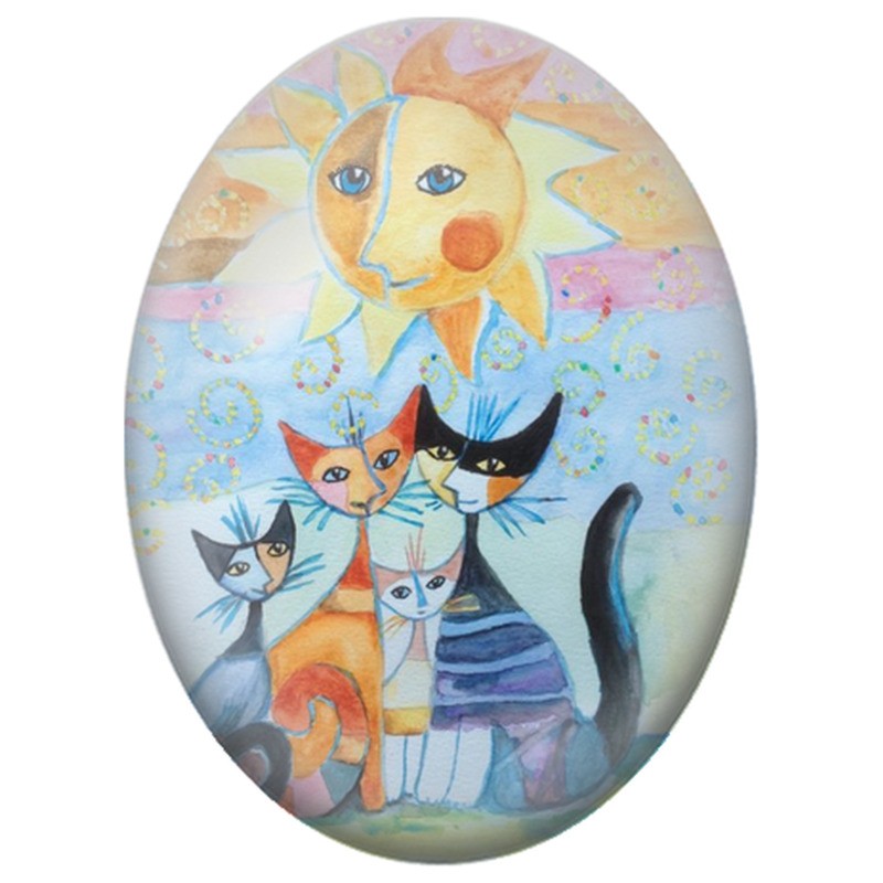 Cabochon en Verre Illustré Famille de Chats sous le Soleil Pastel 13x18, 18x25 ou 30x40mm