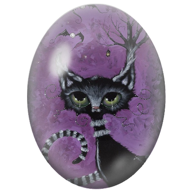 Cabochon en Verre Illustré Chat Noir aux Yeux Verts dans la Nuit Violette 13x18, 18x25 ou 30x40mm