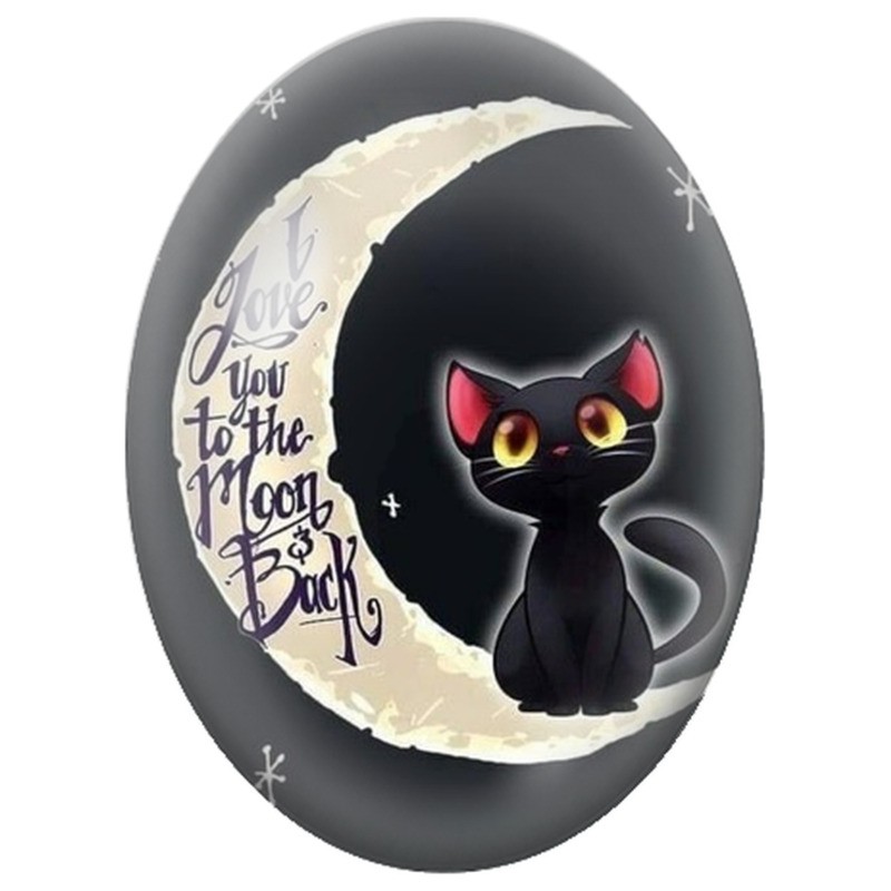 Cabochon en Verre Illustré Chat Noir sur la Lune avec Message d’Amour 13x18, 18x25 ou 30x40mm