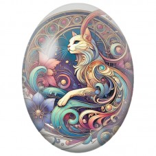 Cabochon en Verre Illustré Chat Blanc dans un Jardin Art Nouveau 13x18, 18x25 ou 30x40mm pour la Création de Bijoux Fantaisie - 