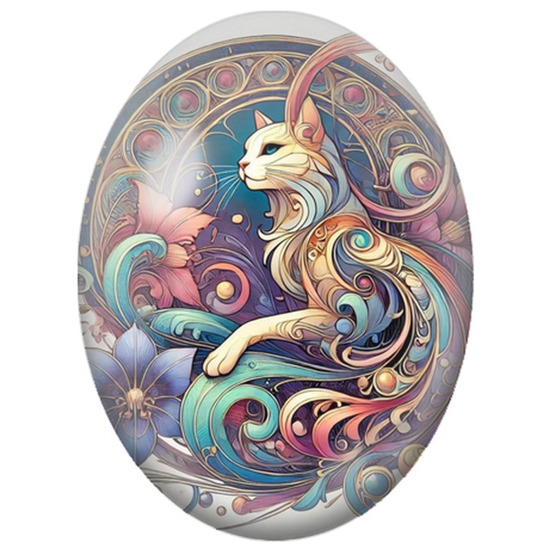 Cabochon en Verre Illustré Chat Blanc dans un Jardin Art Nouveau 13x18, 18x25 ou 30x40mm