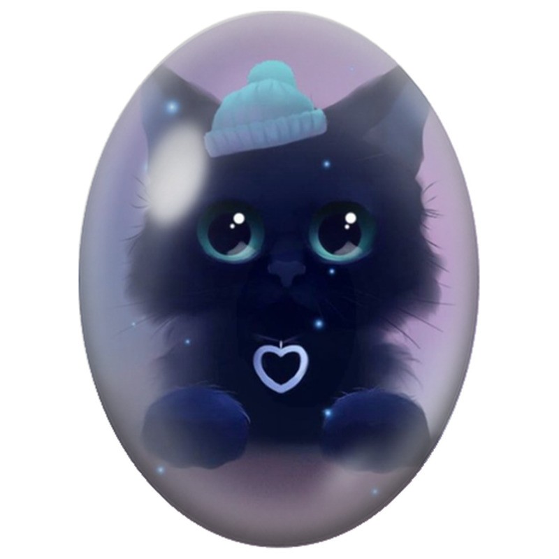 Cabochon en Verre Illustré Chat Noir au Bonnet Bleu et Pendentif Cœur 13x18, 18x25 ou 30x40mm
