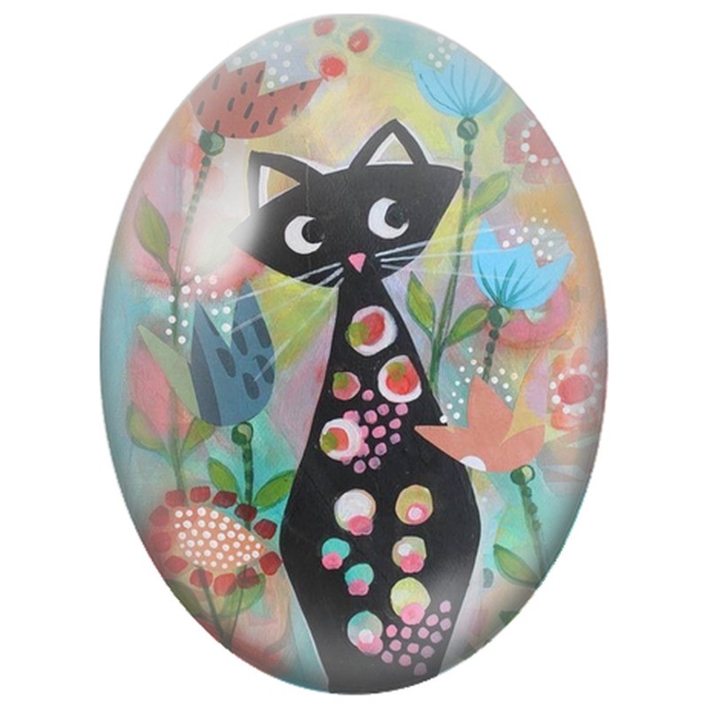 Cabochon en Verre Illustré Chat Noir Fleuri dans un Jardin Pastel 13x18, 18x25 ou 30x40mm