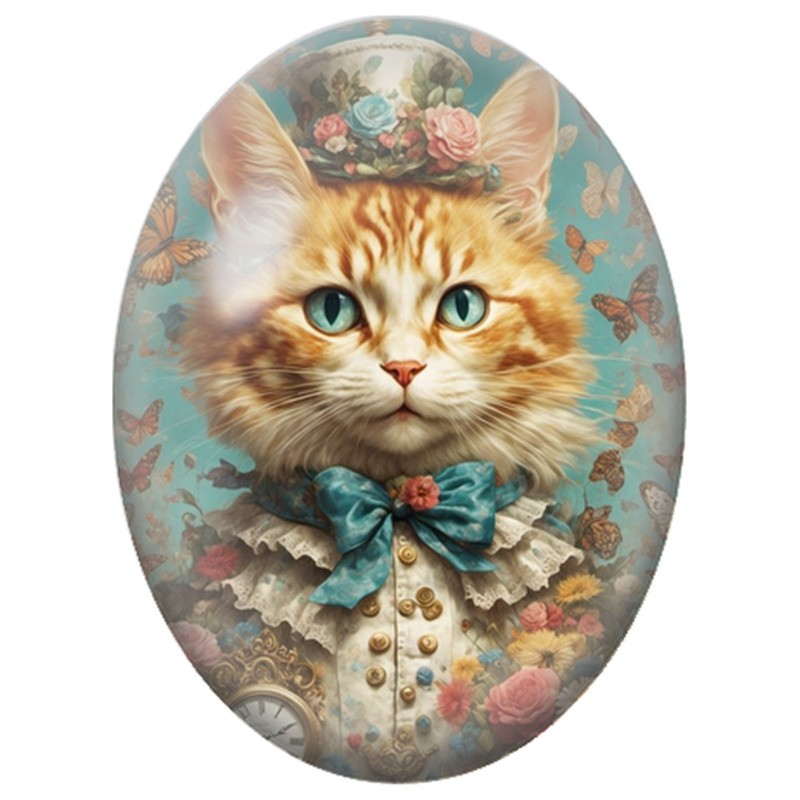 Cabochon en Verre Illustré Chat Steampunk au Chapeau Fleuri 13x18, 18x25 ou 30x40mm