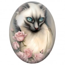Cabochon en Verre Illustré Chat Blanc aux Yeux Turquoise parmi les Roses 13x18, 18x25 ou 30x40mm pour la Création de Bijoux Fant