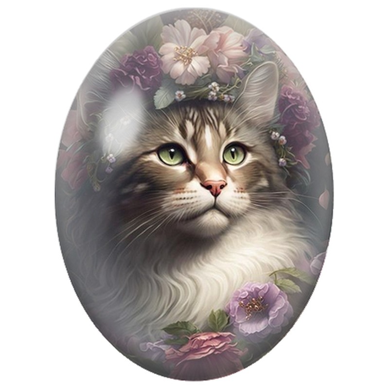 Cabochon en Verre Illustré Chat Tigré à la Couronne de Fleurs 13x18, 18x25 ou 30x40mm