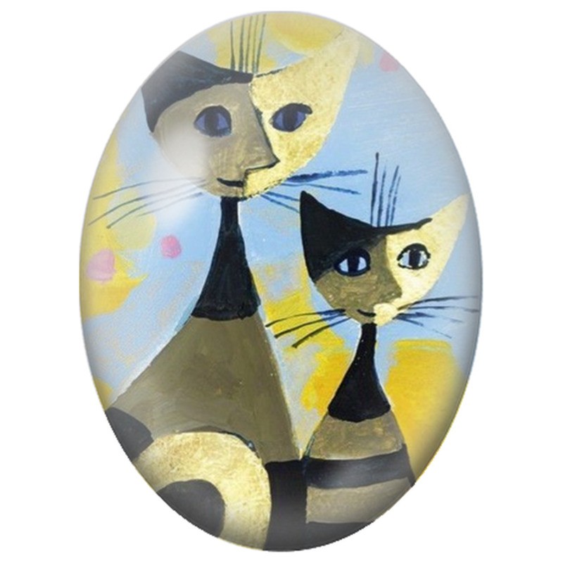 Cabochon en Verre Illustré Duo de Chats Dorés sur Fond Bleu 13x18, 18x25 ou 30x40mm