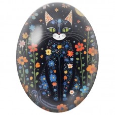 Cabochon en Verre Illustré Chat Noir Fleuri sous la Lune 13x18, 18x25 ou 30x40mm pour la Création de Bijoux Fantaisie - DIY