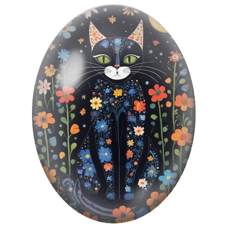 Cabochon en Verre Illustré Chat Noir Fleuri sous la Lune 13x18, 18x25 ou 30x40mm