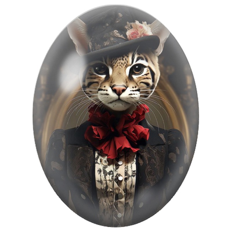 Cabochon en Verre Illustré Chat Élégant au Chapeau Noir et Foulard Rouge 13x18, 18x25 ou 30x40mm