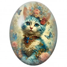 Cabochon en Verre Illustré Chat Bleu aux Bijoux et Papillons 13x18, 18x25 ou 30x40mm pour la Création de Bijoux Fantaisie - DIY