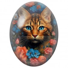 Cabochon en Verre Illustré Chat Roux aux Yeux Bleus parmi les Fleurs 13x18, 18x25 ou 30x40mm pour la Création de Bijoux Fantaisi