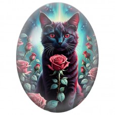 Cabochon en Verre Illustré Chat Noir aux Yeux Roses parmi les Roses 13x18, 18x25 ou 30x40mm pour la Création de Bijoux Fantaisie