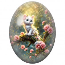 Cabochon en Verre Illustré Chaton Blanc sur une Branche Fleurie 13x18, 18x25 ou 30x40mm pour la Création de Bijoux Fantaisie - D