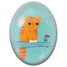Cabochon en Verre Illustré Chat Roux sous la Pluie avec un Oiseau 13x18, 18x25 ou 30x40mm pour la Création de Bijoux Fantaisie -