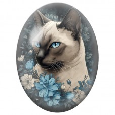 Cabochon en Verre Illustré Chat Siamois aux Fleurs Bleues 13x18, 18x25 ou 30x40mm pour la Création de Bijoux Fantaisie - DIY