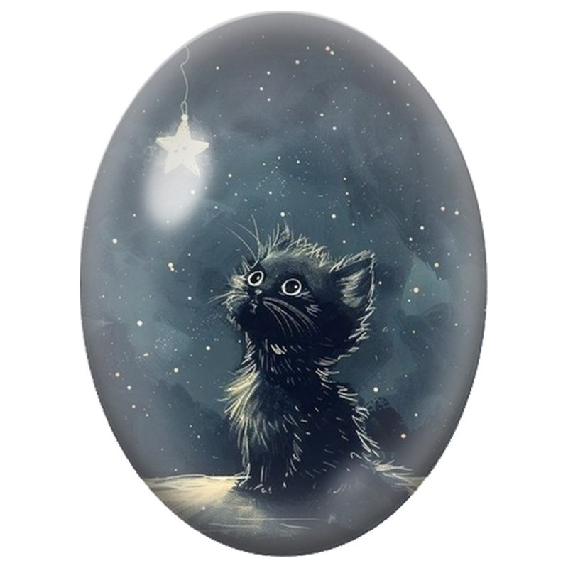 Cabochon en Verre Illustré Chaton Noir et Étoile Suspendue 13x18, 18x25 ou 30x40mm