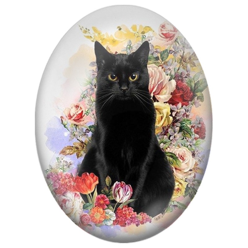 Cabochon en Verre Illustré Chat Noir parmi les Roses à l’Aquarelle 13x18, 18x25 ou 30x40mm