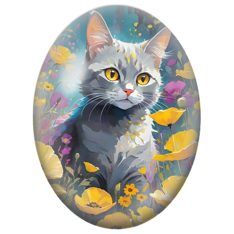 Cabochon en Verre Illustré Chat Gris parmi les Coquelicots Jaunes 13x18, 18x25 ou 30x40mm
