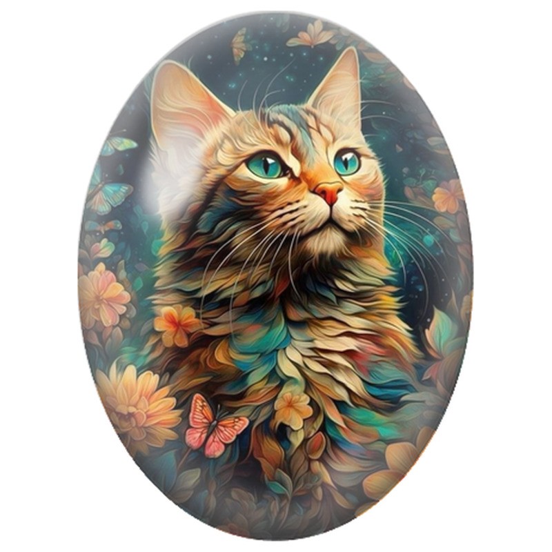 Cabochon en Verre Illustré Chat Tigré dans un Jardin Nocturne 13x18, 18x25 ou 30x40mm