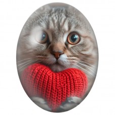 Cabochon en Verre Illustré Chat Tigré avec un Cœur Rouge Tricoté 13x18, 18x25 ou 30x40mm pour la Création de Bijoux Fantaisie - 