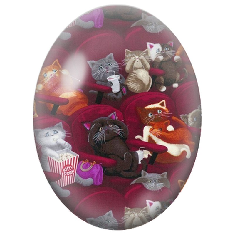 Cabochon en Verre Illustré Chats au Cinéma avec Pop-Corn 13x18, 18x25 ou 30x40mm